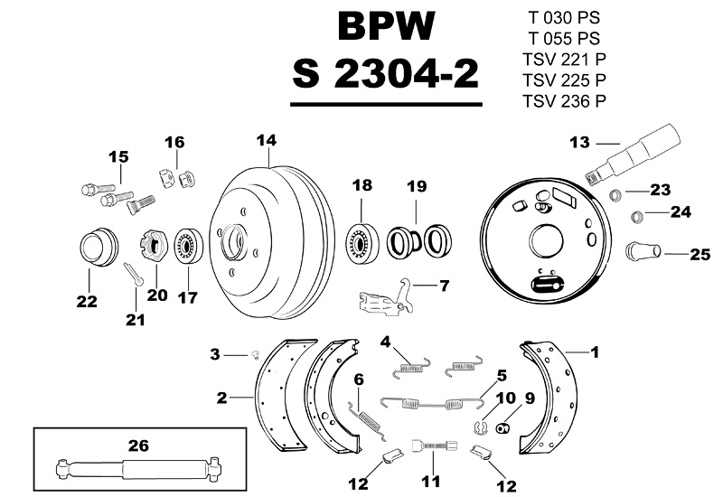 Sprängskiss för hjulbromsen BPW S 2304-2 T030PS T055PS TSV221P TSV225P TSV236P.