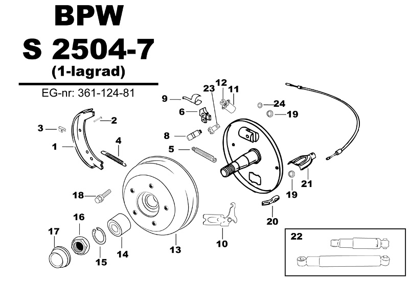 Sprängskiss för hjulbromsen BPW S 2504-7 (1-lagrad) 361-124-81.