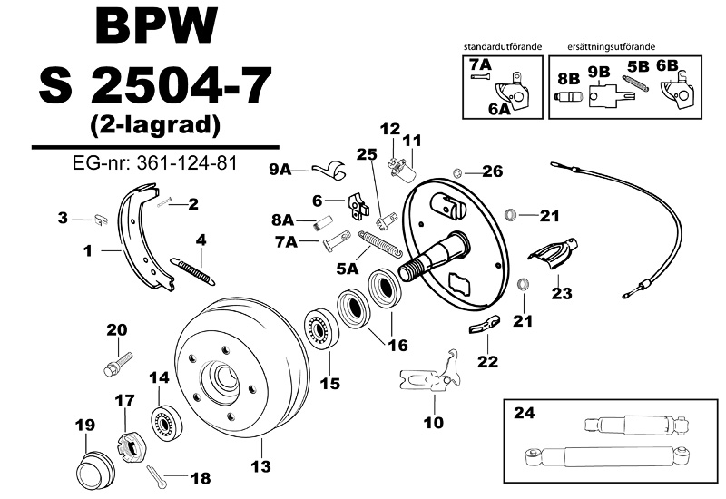 Sprängskiss för hjulbromsen BPW S 2504-7 (2-lagrad) 361-124-81.
