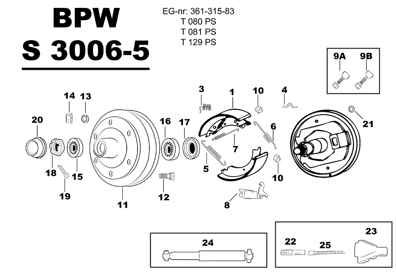 Sprängskiss för hjulbromsen BPW S 3006-5 361-315-83 T080PS T081PS T129PS.