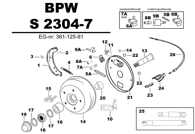 Sprängskiss för hjulbromsen BPW S 2304-7 361-125-81.