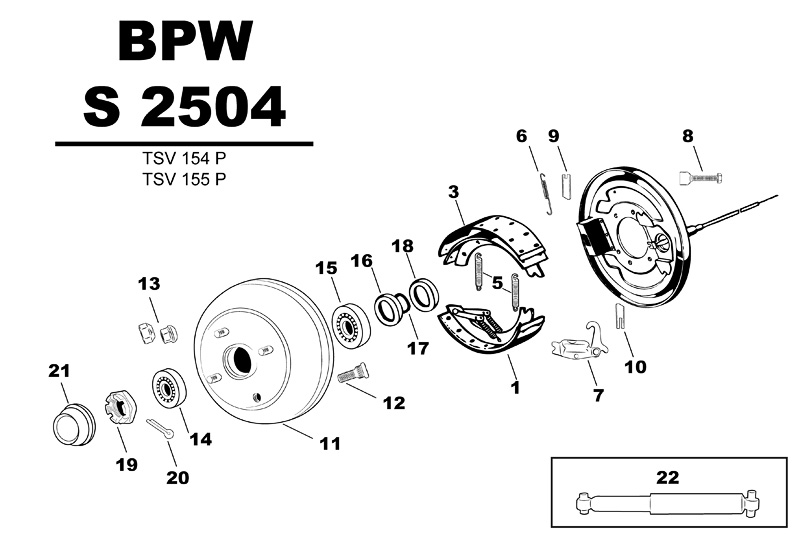 Sprängskiss för hjulbromsen BPW S 2504 TSV154P TSV155P.
