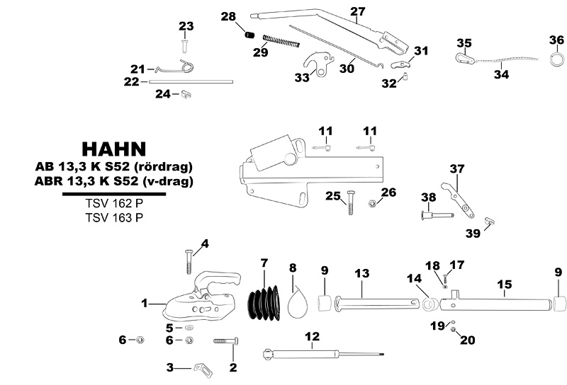 Sprängskiss för släpvagnen Hahn AB 13,3 K S52 (rördrag) och ABR 13,3 K S52 (v-drag).