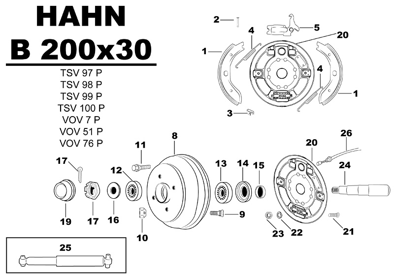 Sprängskiss för hjulbromsen Hahn B 200x30 TSV97P TSV98P TSV99P TSV100P VOV7P VOV51P VOV76P.