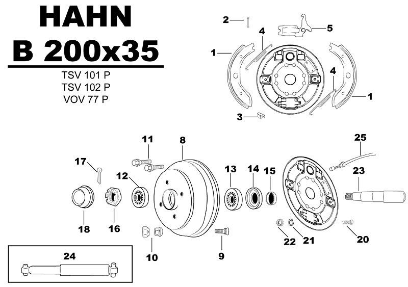 Sprängskiss för hjulbromsen Hahn B 200x35 TSV101P TSV102P VOV77P.