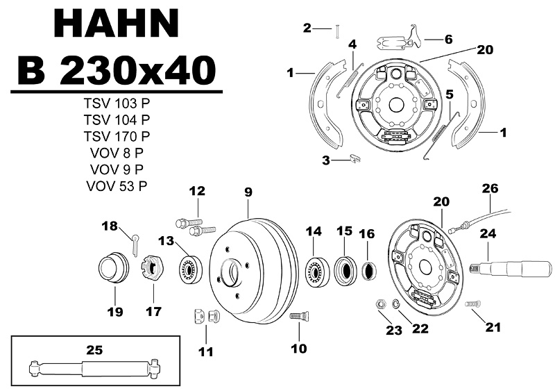 Sprängskiss för hjulbromsen Hahn B 230x40 TSV103P TSV104P TSV170P VOV8P VOV9P VOV53P.