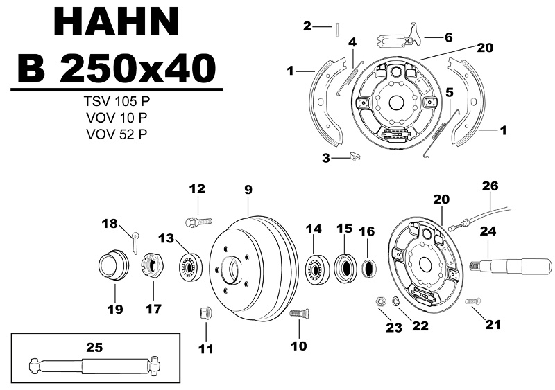 Sprängskiss för hjulbromsen Hahn B 250x40 tsv105p vov10p vov52p.