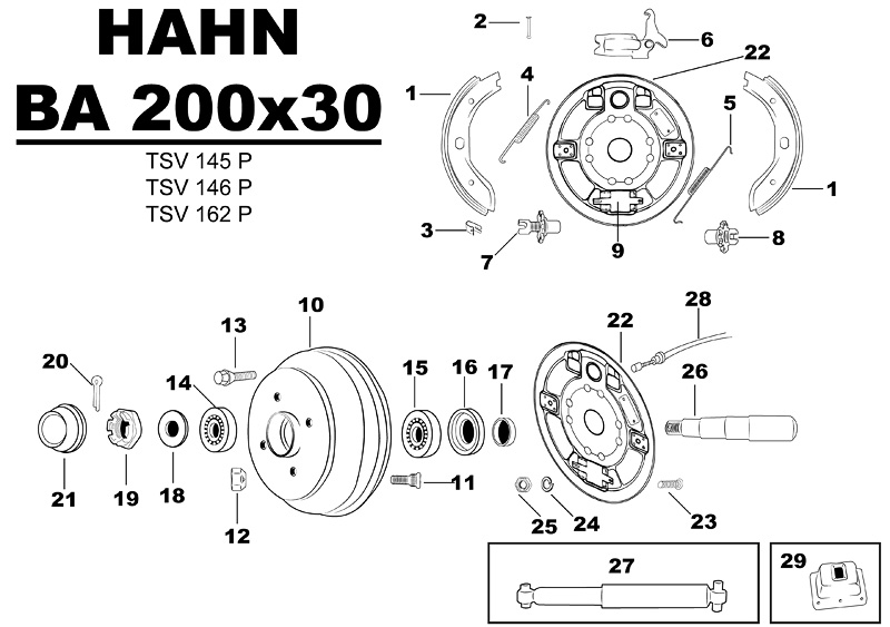 Sprängskiss för hjulbromsen Hahn BA 200x30 tsv145p tsv146p tsv162p.