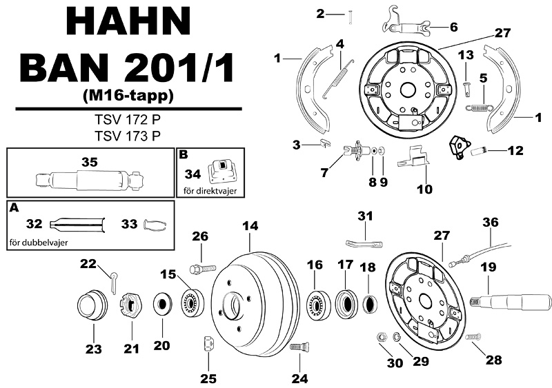 Sprängskiss för hjulbromsen Hahn BAN 201/1 (M16-tapp) tsv172p tsv173p.