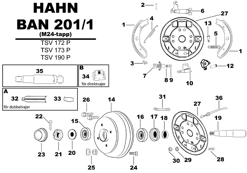 Sprängskiss för hjulbromsen Hahn BAN 201/1 (M24-tapp) tsv172p tsv173p tsv190p.