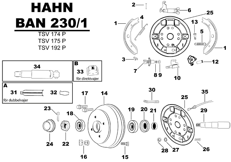 Sprängskiss för hjulbromsen Hahn BAN 230/1 tsv174p tsv175p tsv192p.