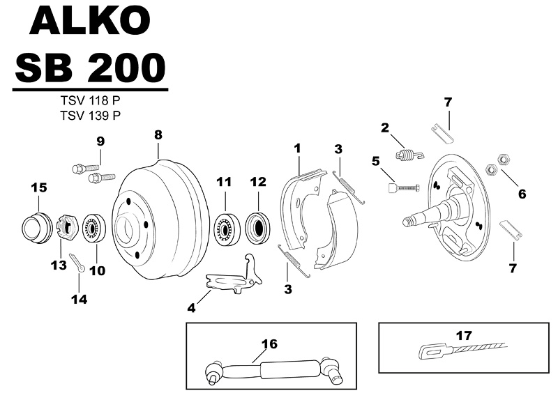 Sprängskiss för hjulbromsen ALKO SB 200 tsv118p tsv139p.