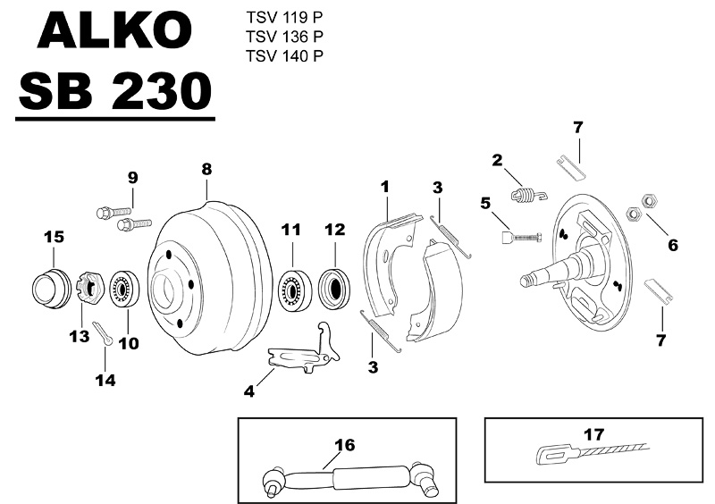 Sprängskiss för hjulbromsen ALKO SB 230 tsv119p tsv136p tsv140p.