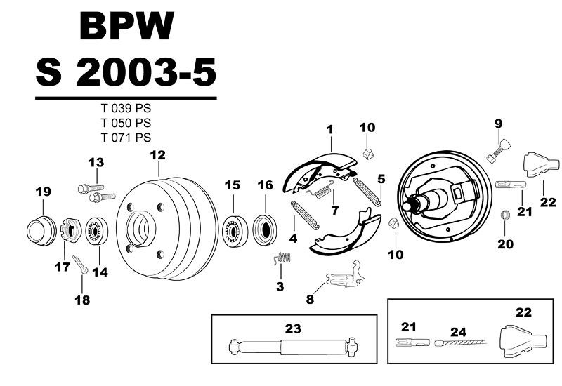 Sprängskiss för hjulbromsen BPW S 2003-5 t039ps t050ps t071ps.
