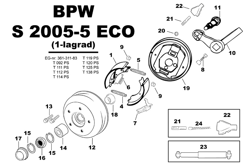 Sprängskiss för hjulbromsen BPW S 2005-5 ECO (1-lagrad).
