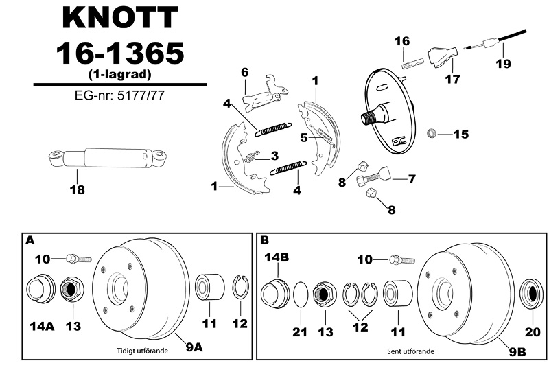 Sprängskiss för hjulbromsen Knott 16-1365 (1-lagrad) 5177/77.
