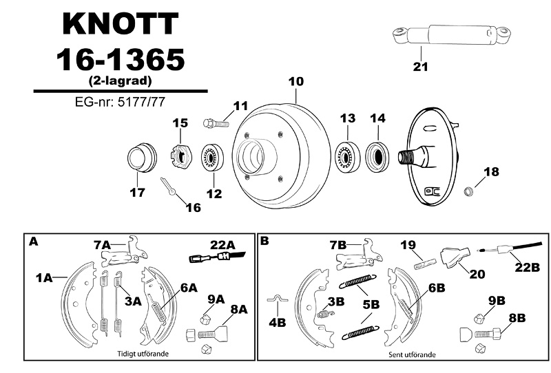 Sprängskiss för hjulbromsen Knott 16-1365 (2-lagrad) 5177/77.