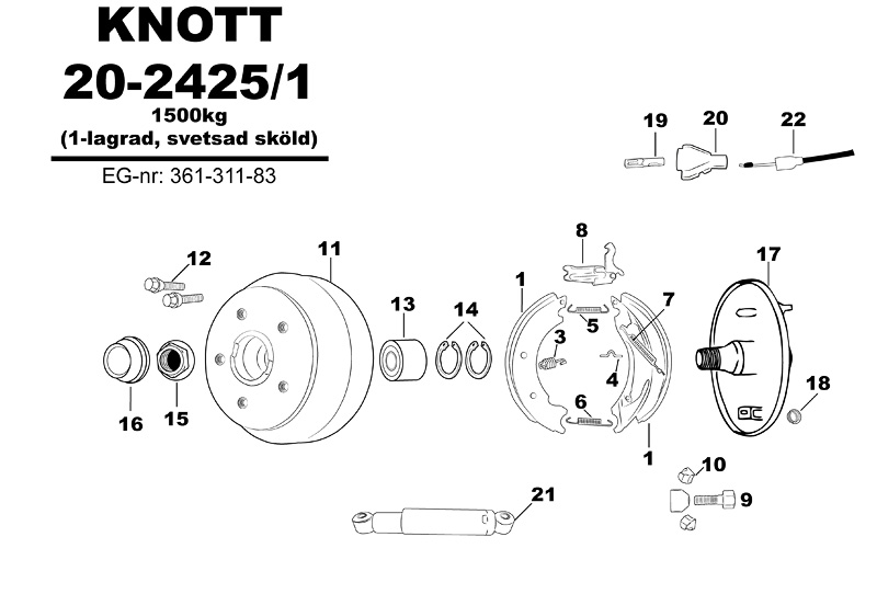 Sprängskiss för hjulbromsen Knott 20-2425/1 1500kg (1-lagrad, svetsad sköld) 361-311-83.