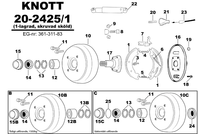 Sprängskiss för hjulbromsen Knott 20-2425/1 (1-lagrad, skruvad sköld) 361-311-83.