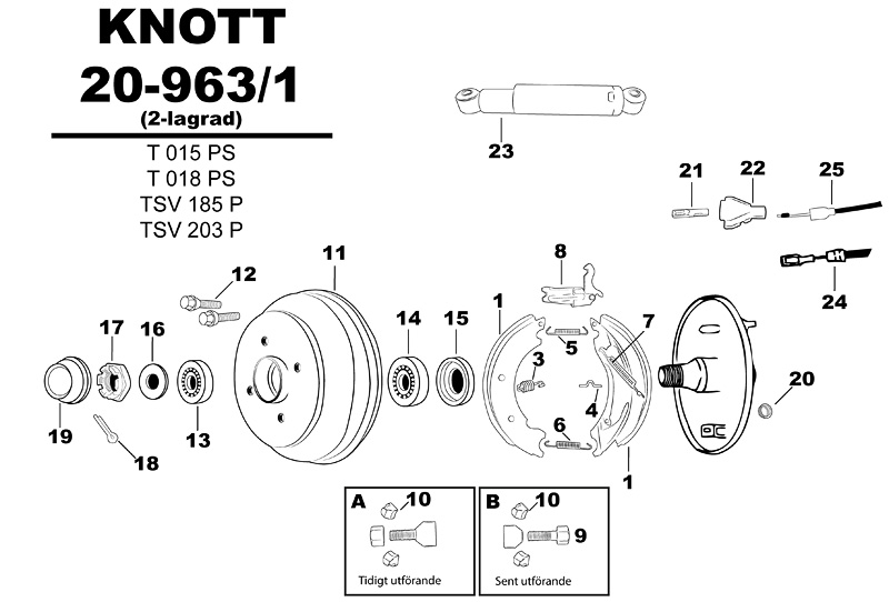 Sprängskiss för hjulbromsen Knott 20-963/1 (2-lagrad) t015ps t018ps tsv185p tsv203p.