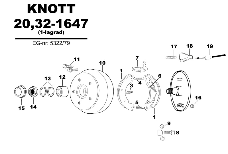 Sprängskiss för hjulbromsen Knott 20,32-1647 (1-lagrad) 5322/79.