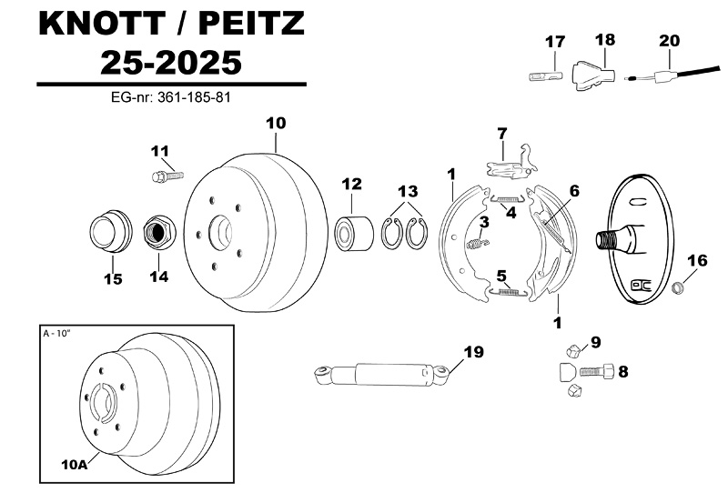 Sprängskiss för hjulbromsen Knott / Peitz 25-2025 361-185-81.