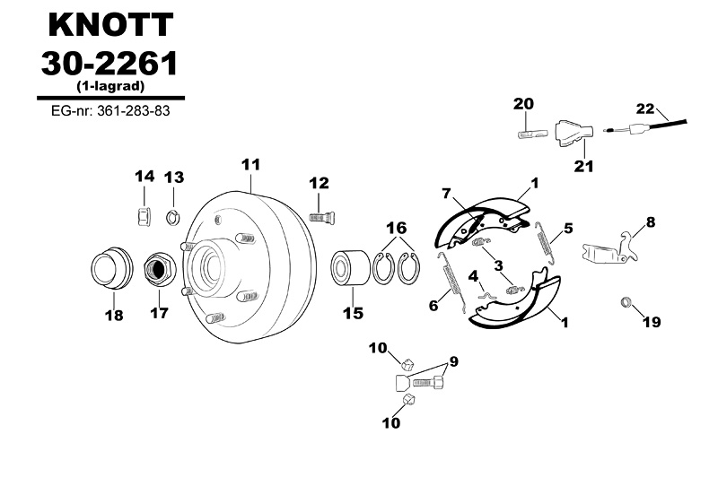 Sprängskiss för hjulbromsen Knott 30-2261 (1-lagrad) EG-nr 361-283-83.