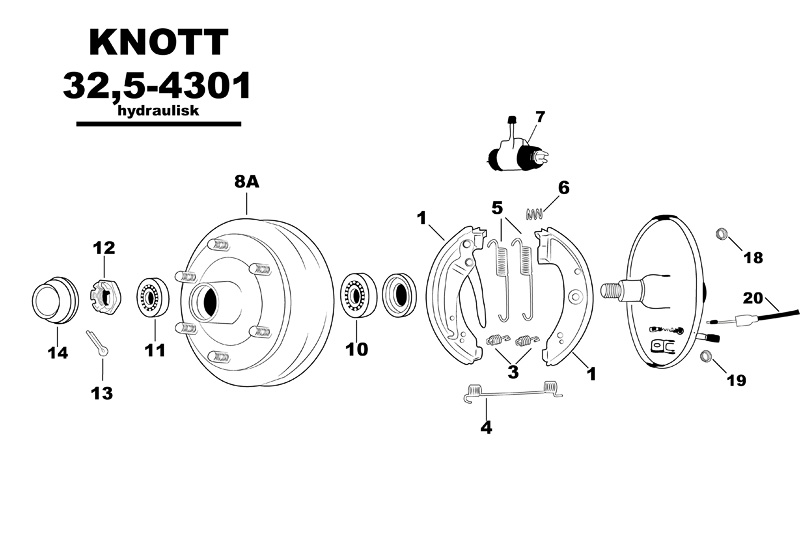 Sprängskiss för hjulbromsen Knott 32,5-4301 (hydraulisk).