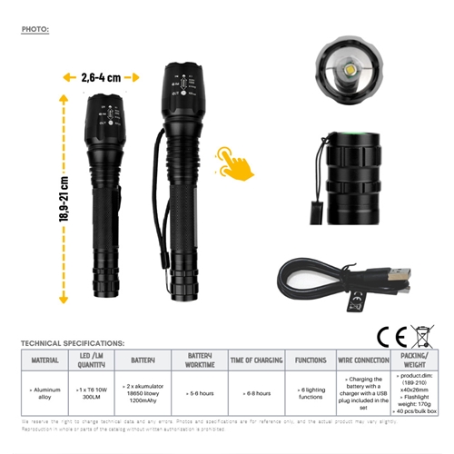 Ficklampa LED m. Zoom 300Lm - Uppladdningsbar, RINAB