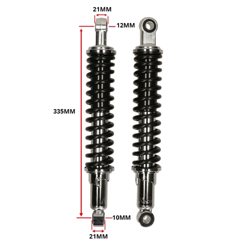 Stötdämpare 335mm/12mm/10mm Svart/Krom MDI (Honda MT50/MB50), reservdelar och tillbehör till moped, RINAB