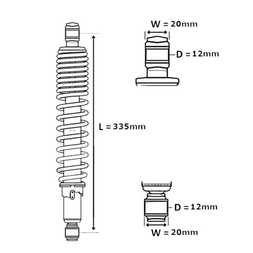 Stötdämpare 335mm/12mm/12mm Krom/Svart (Honda MT50/MB50), Reservdelar till moped, RINAB, moped, 