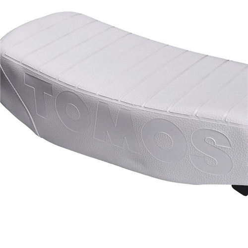 Sadel / buddyseat, vit m. präglad logo på sidan (Tomos A3/A35)