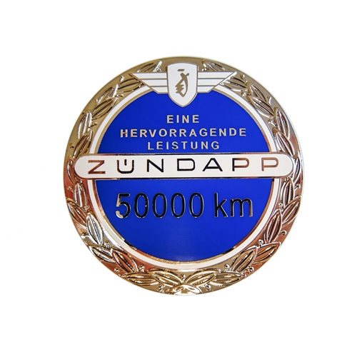 Emblem Zündapp 50.000km, jubileums blå, reservdelar och tillbehör till moped, RINAB