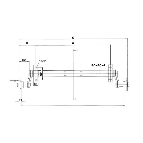 Komplett obromsad axel 1000kg