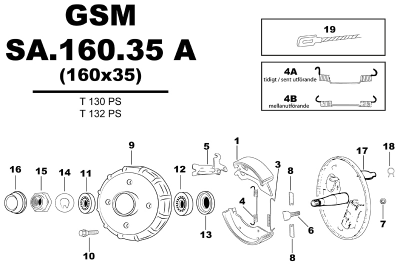 Sprängskiss för hjulbromsen GSM SA.160.35 A (160x35) T130PS T132PS.