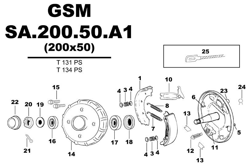 Sprängskiss för hjulbromsen GSM SA.200.50.A1 (200x50) T131PS T134PS.