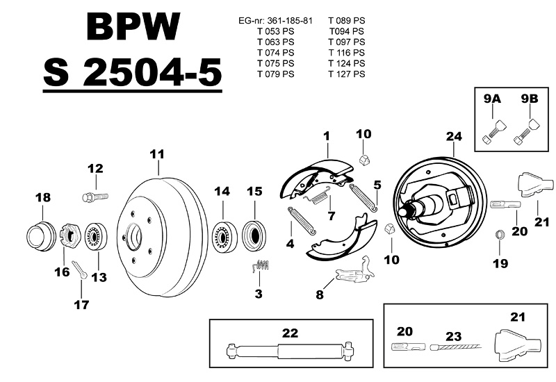 Sprängskiss för hjulbromsen BPW S 2504-5 361-185-81 t053ps t063ps t074ps t075ps t079ps t089ps t094ps t097ps t116ps t124ps t127ps.