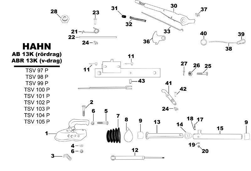 Sprängskiss för släpvagnen Hahn AB 13 K (rördrag) och ABR 13 K (v-drag).