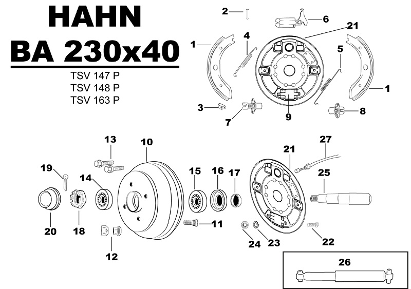 Sprängskiss för hjulbromsen Hahn BA 230x40 tsv147p tsv148p tsv163p.
