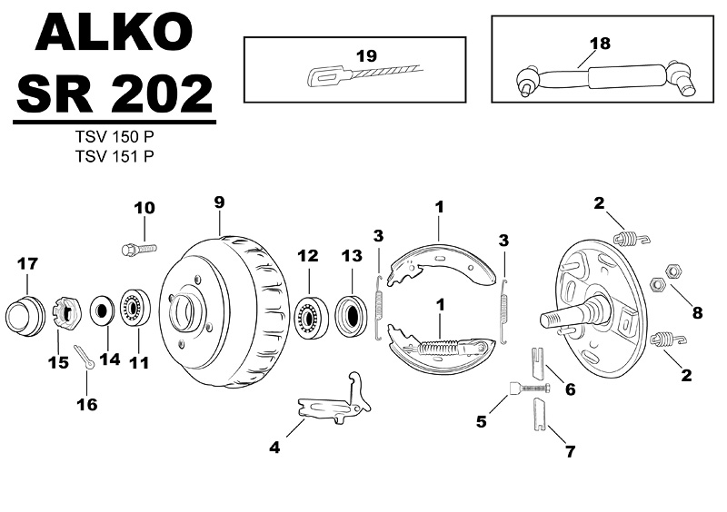 Sprängskiss för hjulbromsen ALKO SR 202 tsv150p tsv151p.