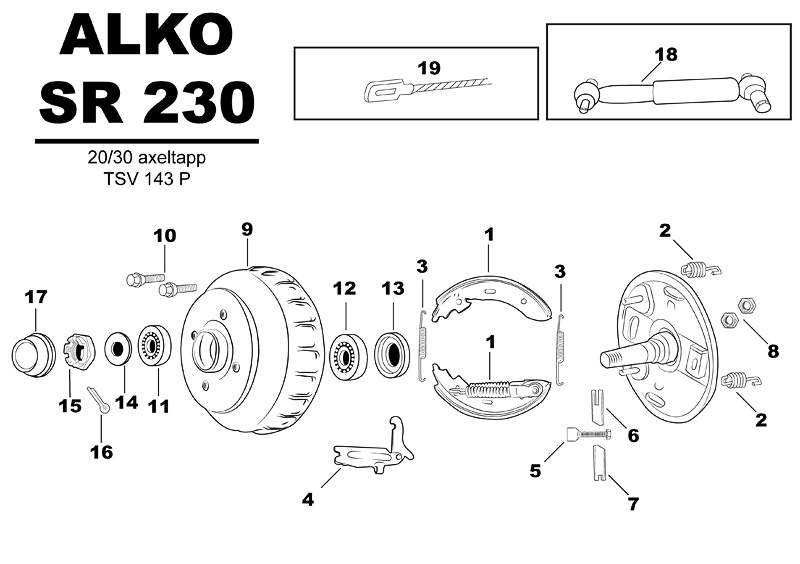 Sprängskiss för hjulbromsen ALKO SR 230 20/30 axeltapp tsv143p.