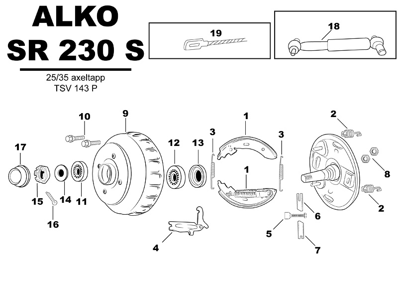 Sprängskiss för hjulbromsen ALKO SR 230 S 25/35 axeltapp tsv143p.