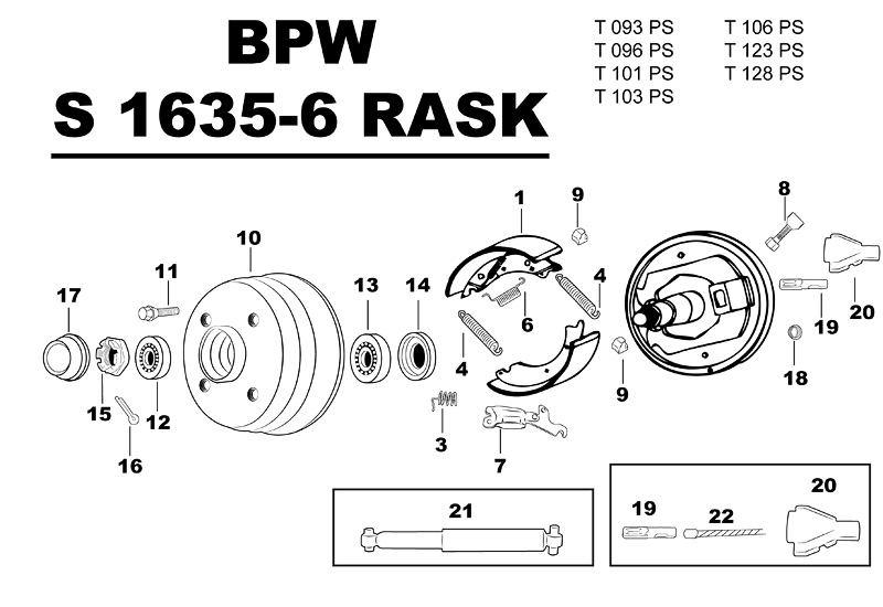 Sprängskiss för hjulbromsen BPW S 1635-6 RASK t093ps t096ps t101ps t103ps t106ps t123ps t128ps.
