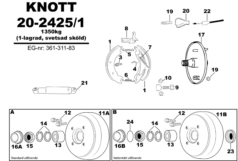 Sprängskiss för hjulbromsen Knott 20-2425/1 1350kg (1-lagrad, svetsad sköld) 361-311-83.