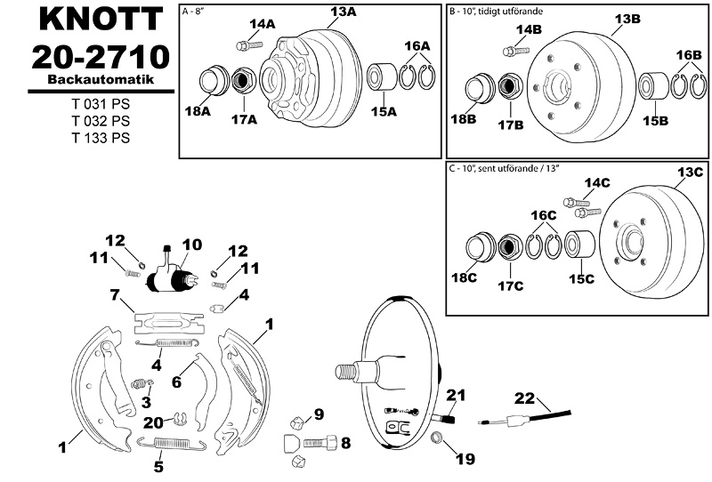 Sprängskiss för hjulbromsen Knott 20-2710 backautomatik t031ps t032ps t133ps.