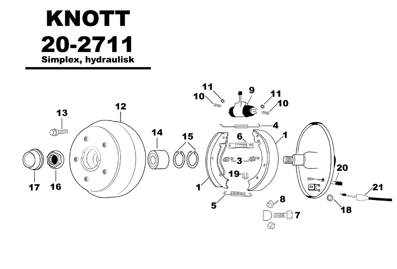 Sprängskiss för hjulbromsen Knott 20-2711 (simplex, hydraulisk).