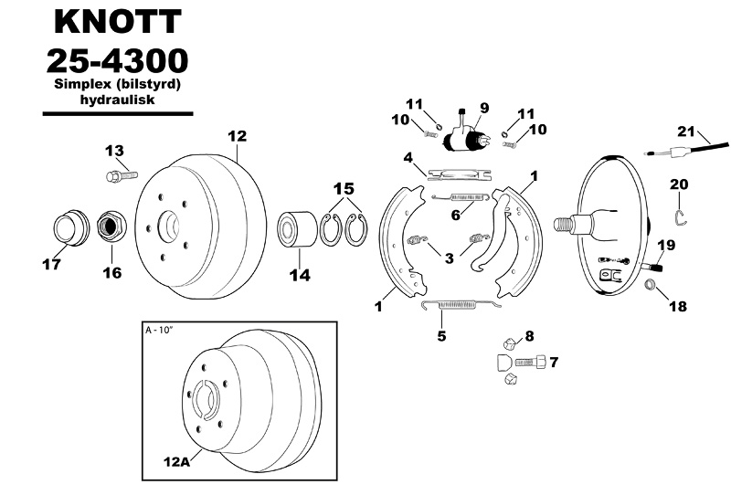 Sprängskiss för hjulbromsen Knott 25-4300 simplex (bilstyrd) hydraulisk.