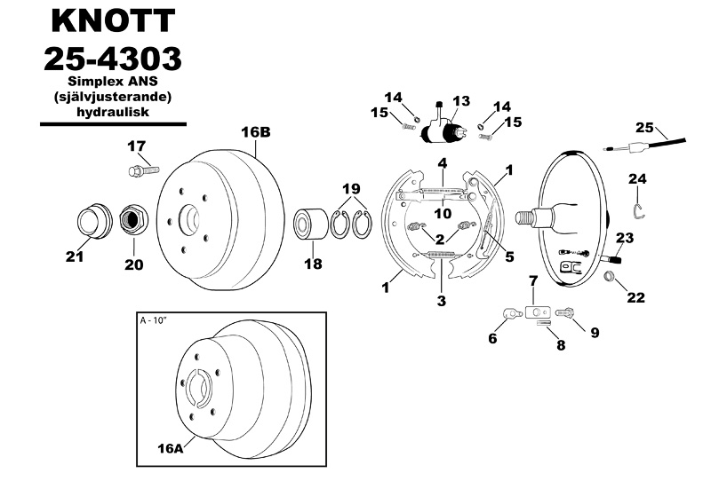 Sprängskiss för hjulbromsen Knott 25-4303 simplex ANS (självjusterande) hydraulisk.