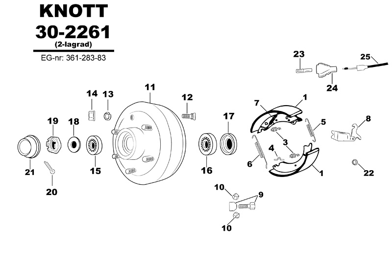 Sprängskiss för hjulbromsen Knott 30-2261 (2-lagrad) EG-nr 361-283-83.