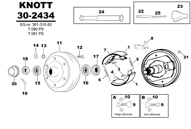 Sprängskiss för hjulbromsen Knott 30-2434 EG-nr 361-315-83 t080ps t081ps.